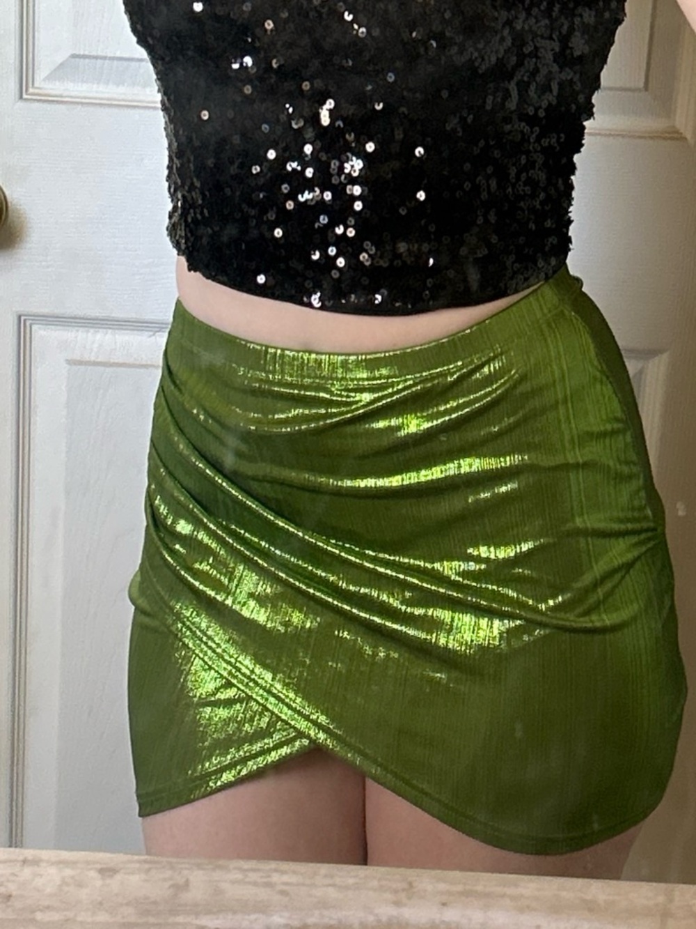 Green Metallic Wrap Cross Mini Skirt 🍏